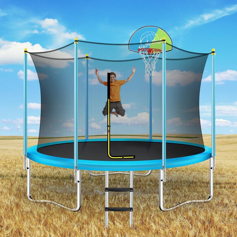 Kids Recreational Trampoline - Basketball Hoop, Safety Enclosure Net, Ladder, Backyard Use - Blue - 96
