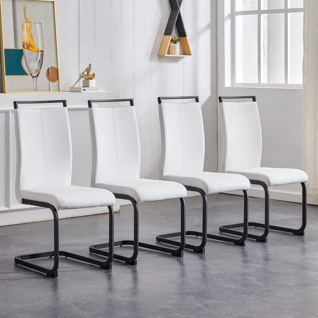 Modern Dining Chair, PU Faux Leather High Back Upholstered Side Chair with C-shaped Tube Black Coating Metal Legs