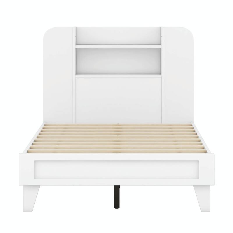 Platform Bed with Storage Headboard, Multiple Shelves on Both Sides