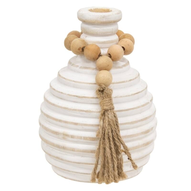 White Wooden Beaded Athens Vase Distressed Accent