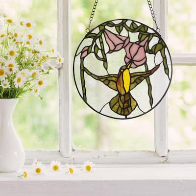 Hummingbird and Hibiscus River of Goods Multicolored Stained Glass Suncatcher Window Panel - 10" x 0.25" x 10"
