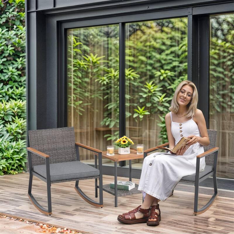 3 Pieces Rocking Wicker Bistro Set, Patio Outdoor Furniture Conversation Sets with Porch Chairs and Glass Coffee Table