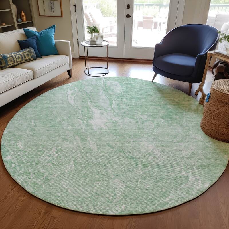 Machine Washable Indoor/ Outdoor Chantille Abstract Watercolor Rug - Mint - 8' x 8'