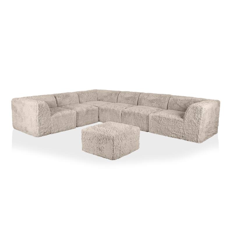 Furniture of America Ylena Modern 7-Piece Faux Fur Foam Modular Compressed Sectional Sofa with Ottoman