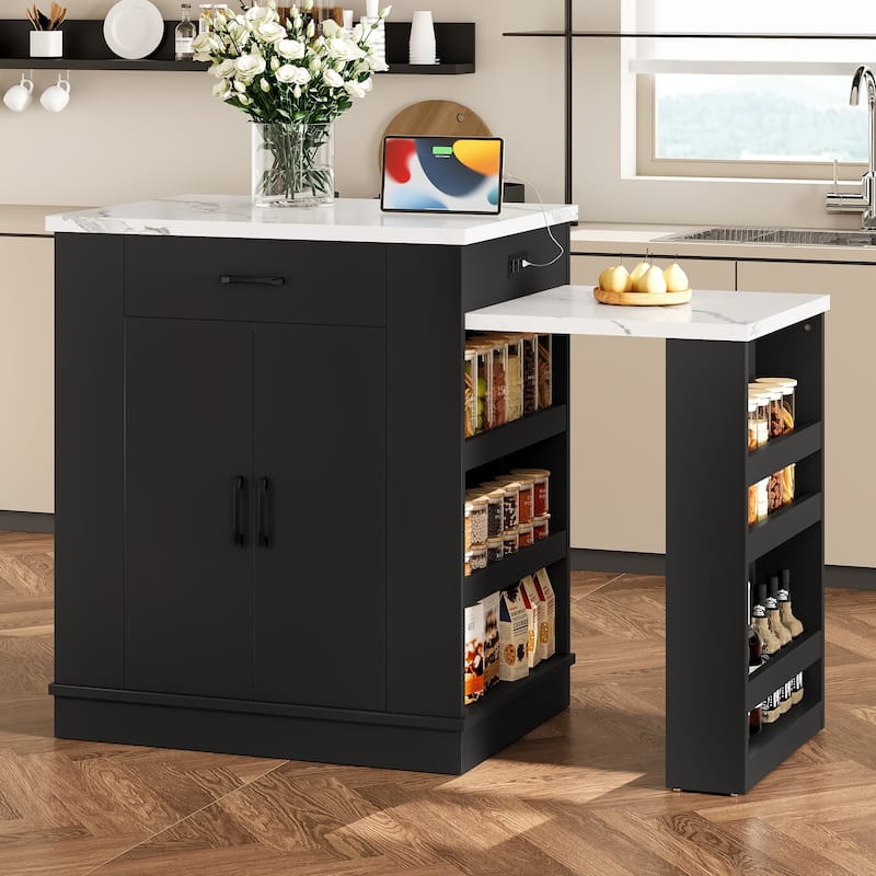 Anmytek Black Expandable Kitchen Island Cart with Marble Top - Rolling Kitchen Storage with Extendable Table and Spice Rack