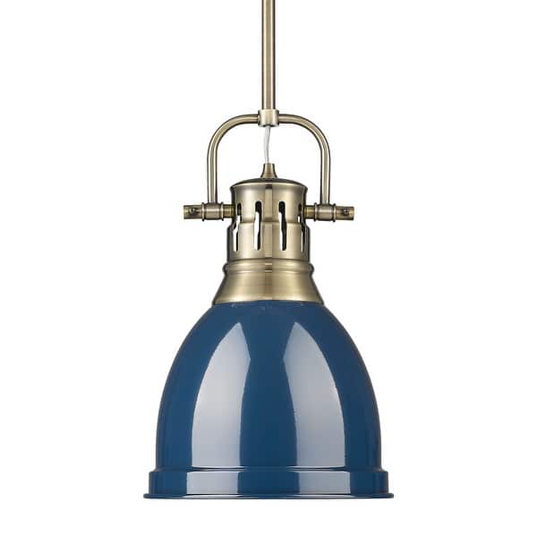 slide 2 of 2, Yep by Golden Lighting Duncan 1-light 9in Rod Hung Pendant in Aged Brass and Navy Blue shade