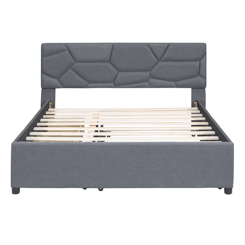 Grey Linen Queen Bed with Brick Headboard, Trundle & Drawers