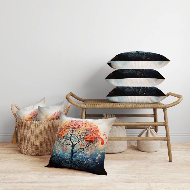 Beautiful Tree of Life Faux Suede Reversible Throw Pillow Orange and Blue