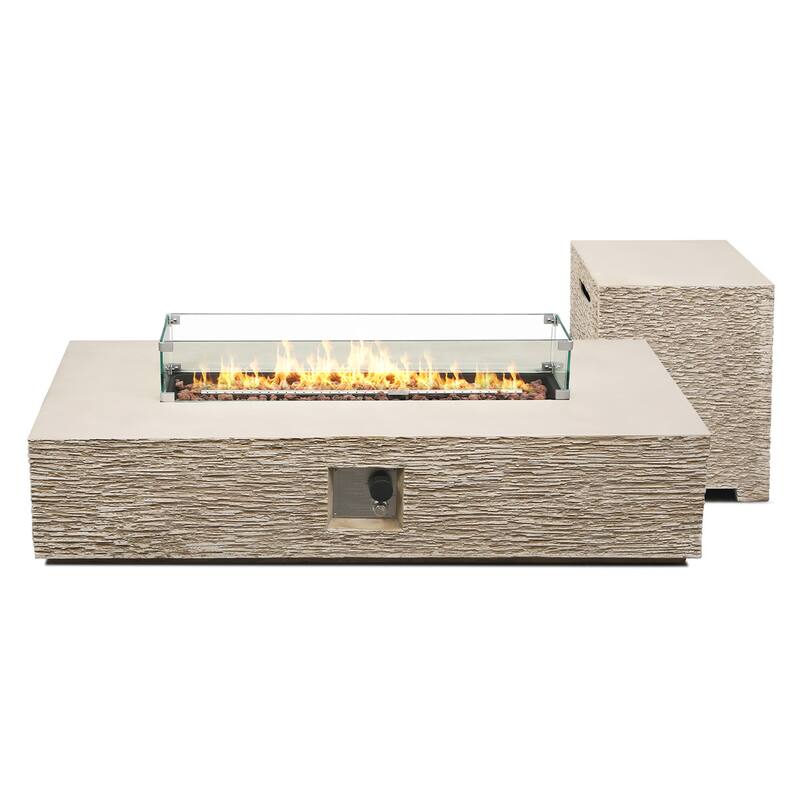 Patio Watcher 56in. Outdoor Rectangle Magnesium Oxide Fire Pit Table with Gas Tank Cover and Wind Guard