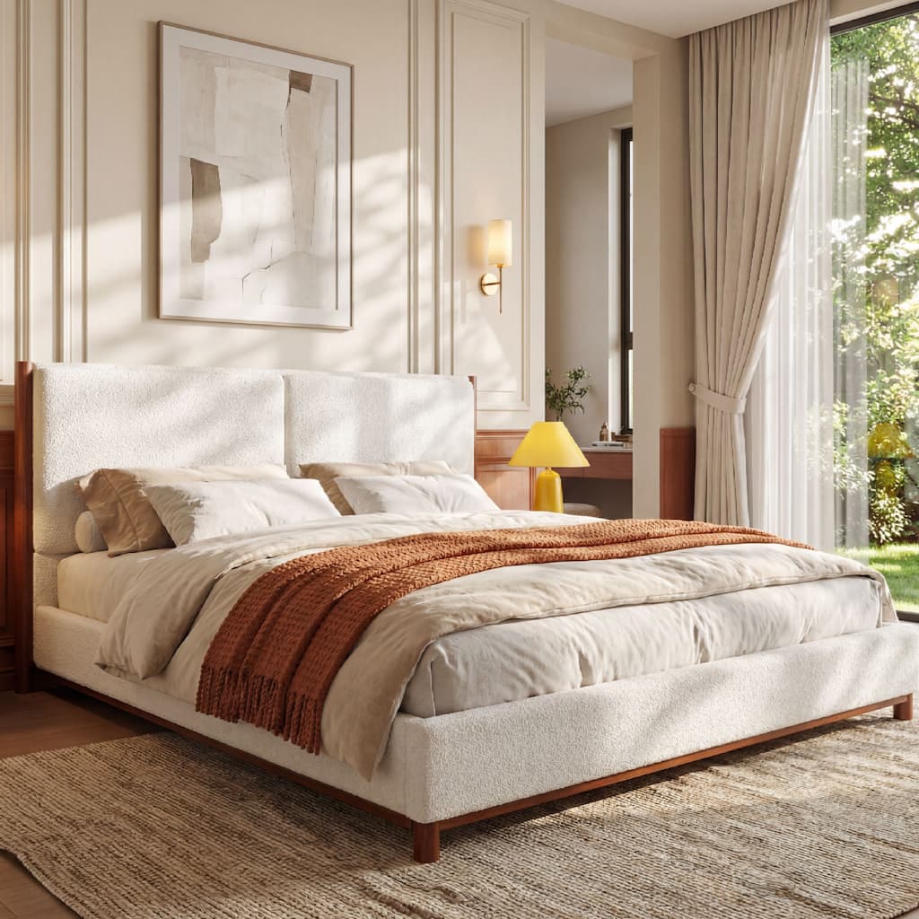 Christopher Knight Home - Avery Platform Bed Frame with Upholstered Headboard & Wood Trim, No Box Spring Needed