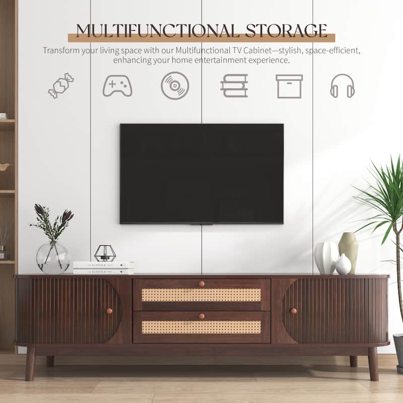Natural Wood+Brown 66.93" TV Stand with Solid Wood Legs and Interwoven Rattan Drawers for TVs Up to 75"