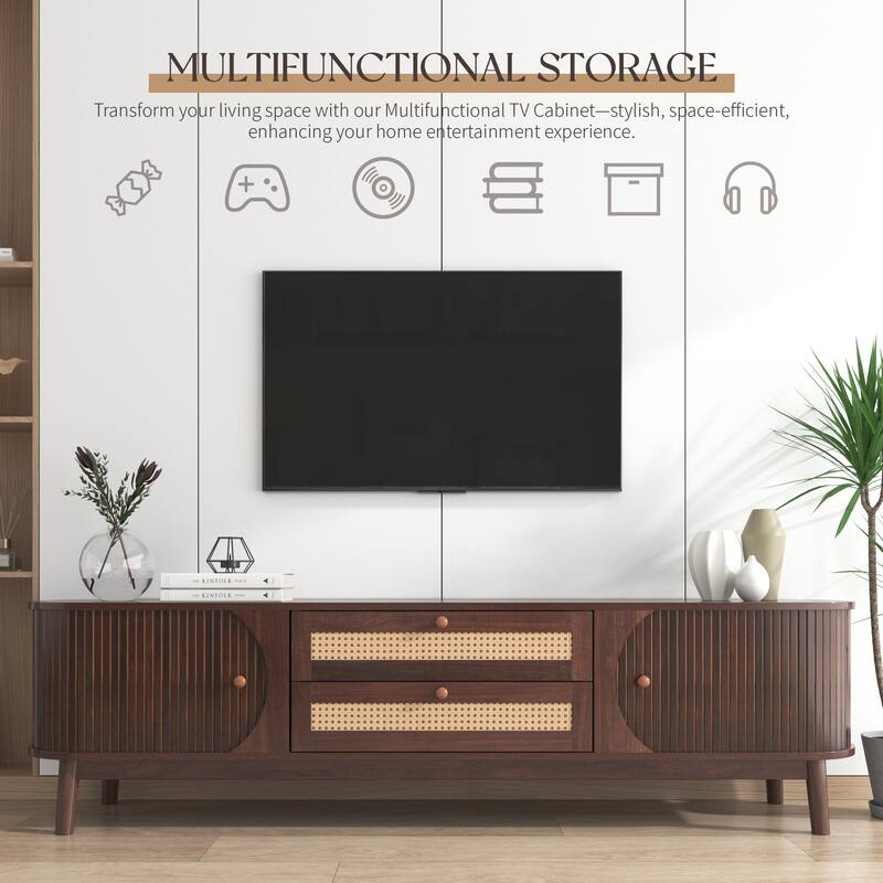 Rattan TV Stand Console Table with Storage Cabinets for TVs up to 75'' - 66.93" x 15.55" x 18.11"