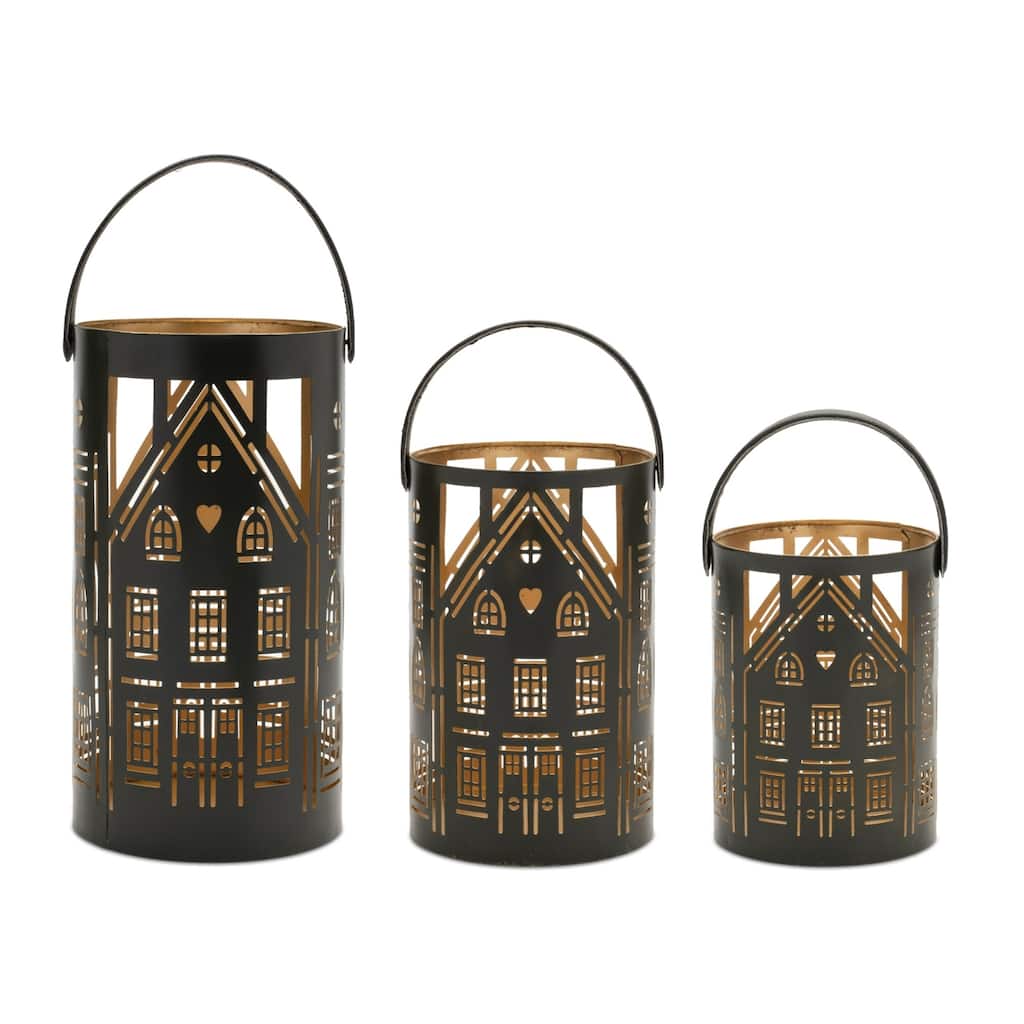 House Punched Metal Candle Lanterns - 12.75" - Black and Bronze - Set of 3