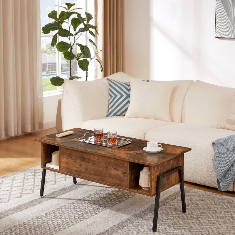 VECELO Modern Lift Top Coffee Table with Hidden Storage 2 Side Shelves Space-Saving Design for Living Room
