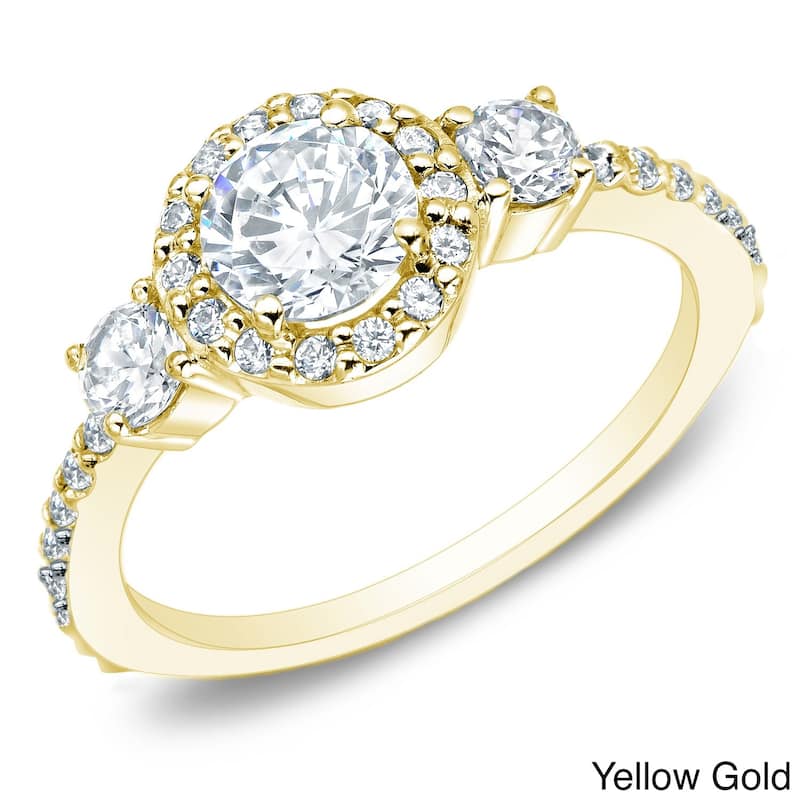 Auriya 14k Gold 3/4ctw 3-Stone Halo Diamond Engagement Ring (G-H, I1-I2) - Yellow - 10
