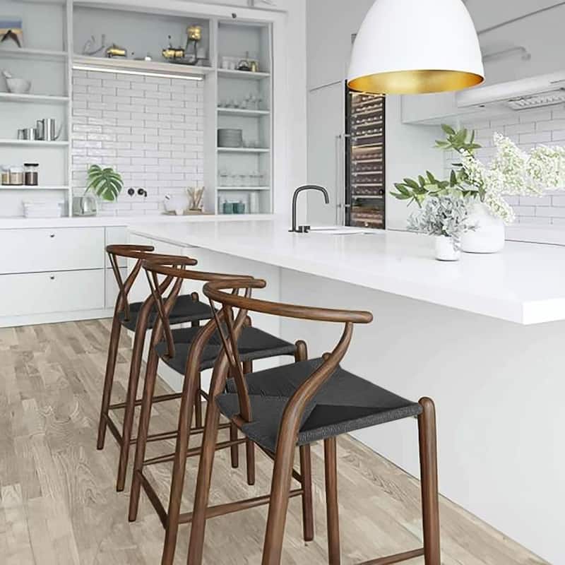 Solid Wood Countertop Height Barstool with Open Y Back Farmhouse Woven Organic Chair For Kitchen Bedroom Designer - N/A