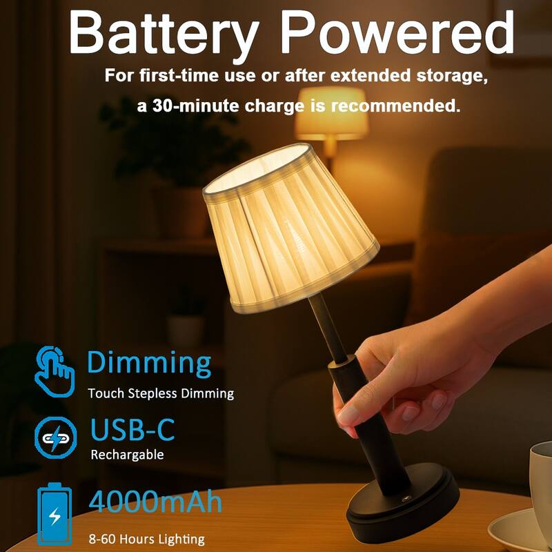 Modern Rechargeable LED Table Lamp with Fabric Shade Classic Touch Control USB Cordless Nightstand Light for Bedroom - W6''