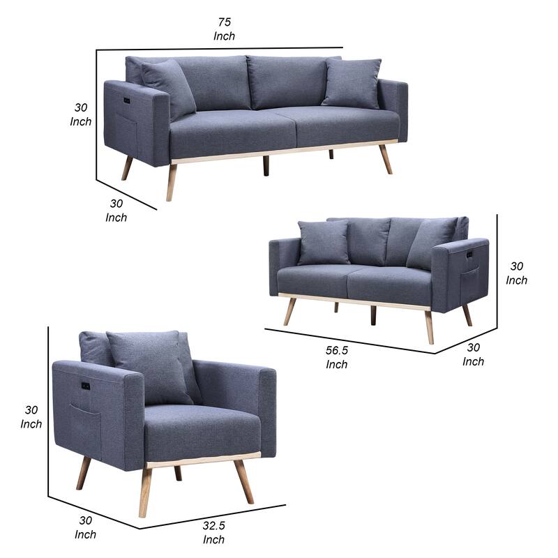Mico 75 Inch Sofa, Loveseat and Chair Set with Throw Pillows, Dark Gray