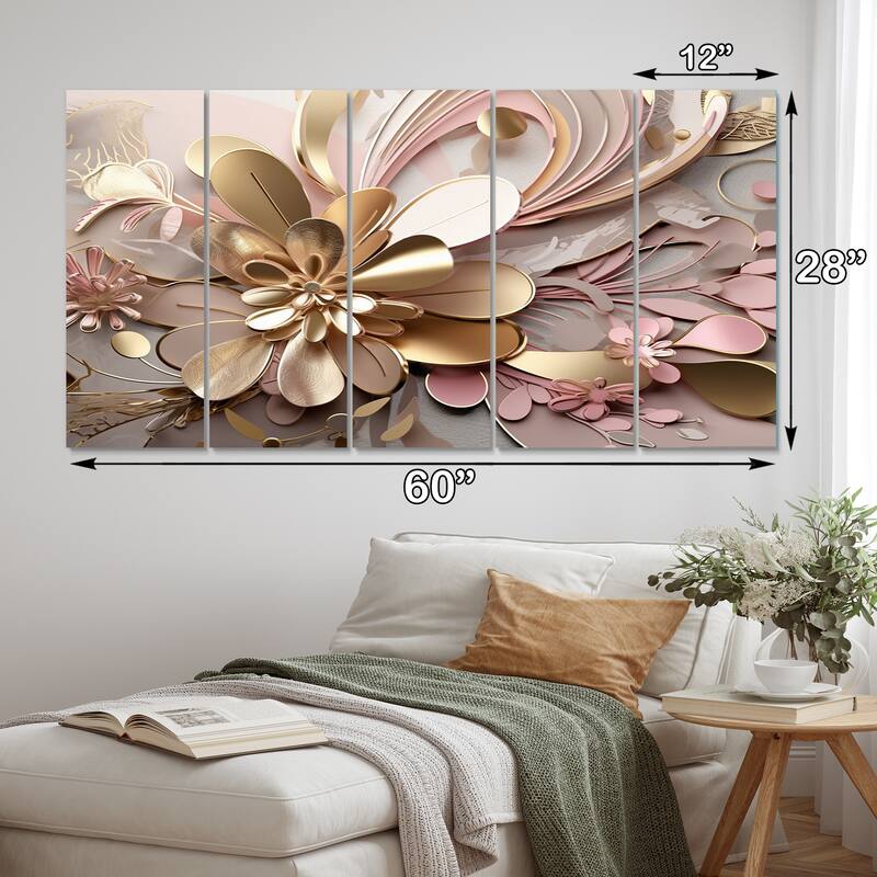 Designart "Liquid Art Gold And Pink Floral Effervescence" Abstract Multipanel Canvas Art Print set