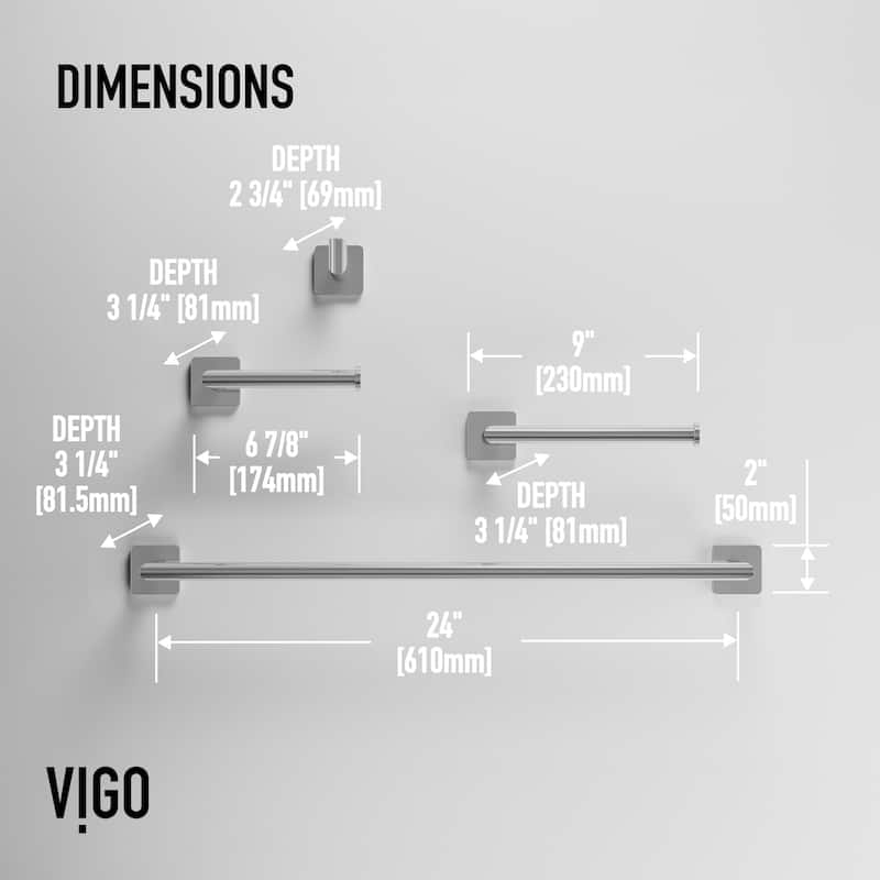 VIGO Satro 4-Piece Bathroom Hardware Accessory Set with 24 in. Towel Bar, Toilet Paper Holder, Hand Towel Holder, Hook