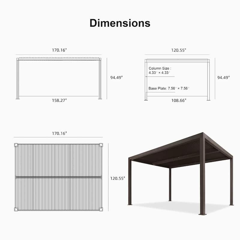 PURPLE LEAF Bronze Louvered Pergola with Adjustable Roof for Deck Backyard Garden Hardtop Gazebo