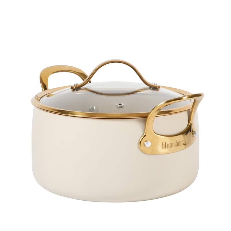 Bloomhouse 6 Quart Heavy Duty Aluminum Premium PFA Free Ceramic Nonstick Dutch Oven Pot with Lid - Almond Cream with Gold Handle