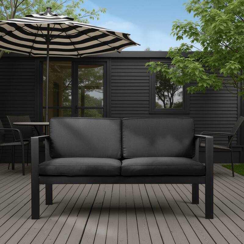 Kili 54 Inch Sofa, Jet Black Aluminum Frame, Water Resistant Cushions
