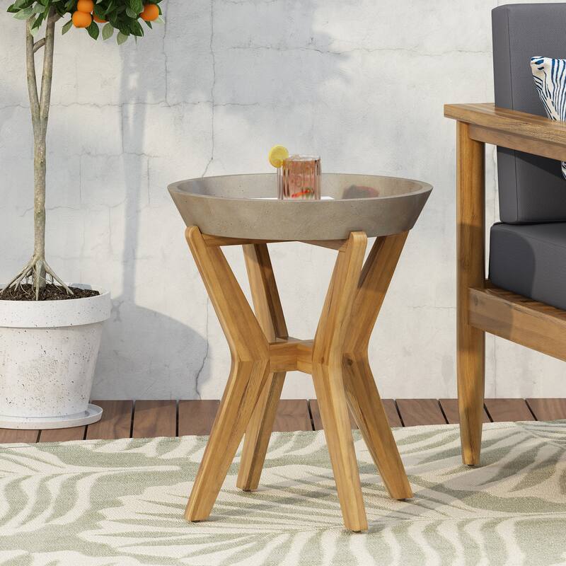 Roomfitters Yukon Outdoor Side Table, Lightweight Concrete Top with Acacia Wood Legs, Gray - L 18.0" x W 18.0" x H 21.5"