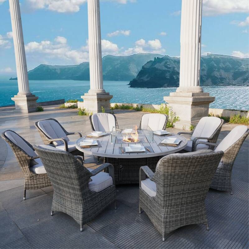 Outdoor Wicker Round Firepit Dining Table with Windshield
