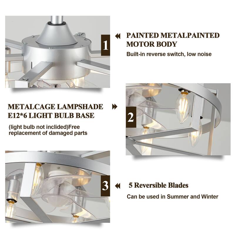 18" Industrial Metal Caged Ceiling Fan with Remote and Light Kit 6-speed Reverisble Chandelier - 17.7 Inch