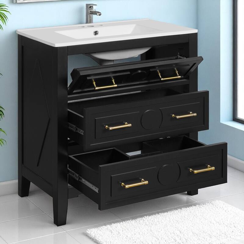 30" Bathroom Vanity with Ceramic Sink, 3 Drawers, Solid Wood Frame,Retro Cabinet, Pre-Drilled for 4" Faucet, Storage Organizer