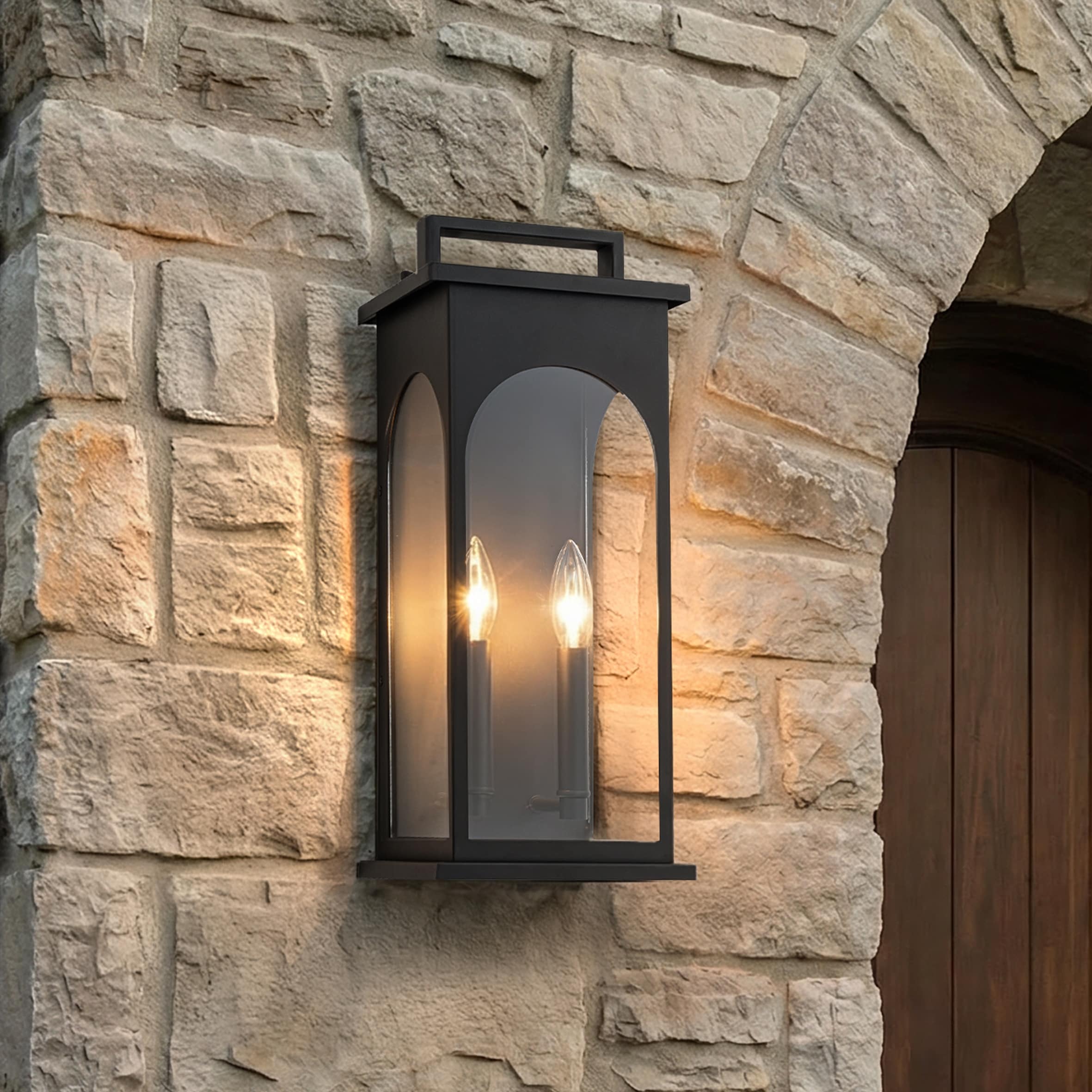 2-Light H19” Outdoor Wall Lantern Large Black Exterior Wall Light with Clear Tempered Glass for Front Door, Garage - W8‘’