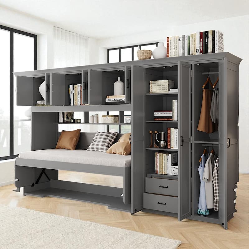 Twin Size Murphy Bed with Desk, Wardrobe, Cabinets & Drawers, Space-Saving Wall Bed for Small Apartments