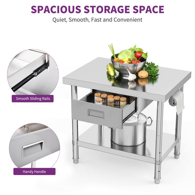 36" × 24" Stainless Steel Table with Paper Towel Holder and Drawer