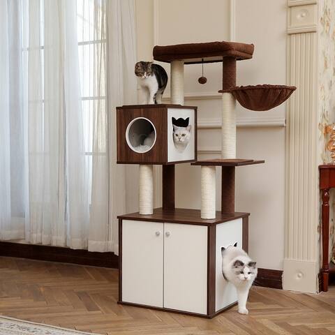 All-in-One Multi-Functional Cat Tree, Modern Wood Cat Tower