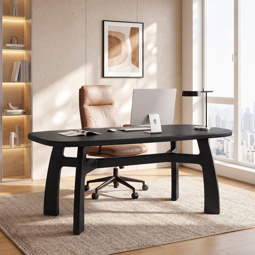 63-Inch Computer Desk, Solid Wood Office Desk with Boat-Shaped Top