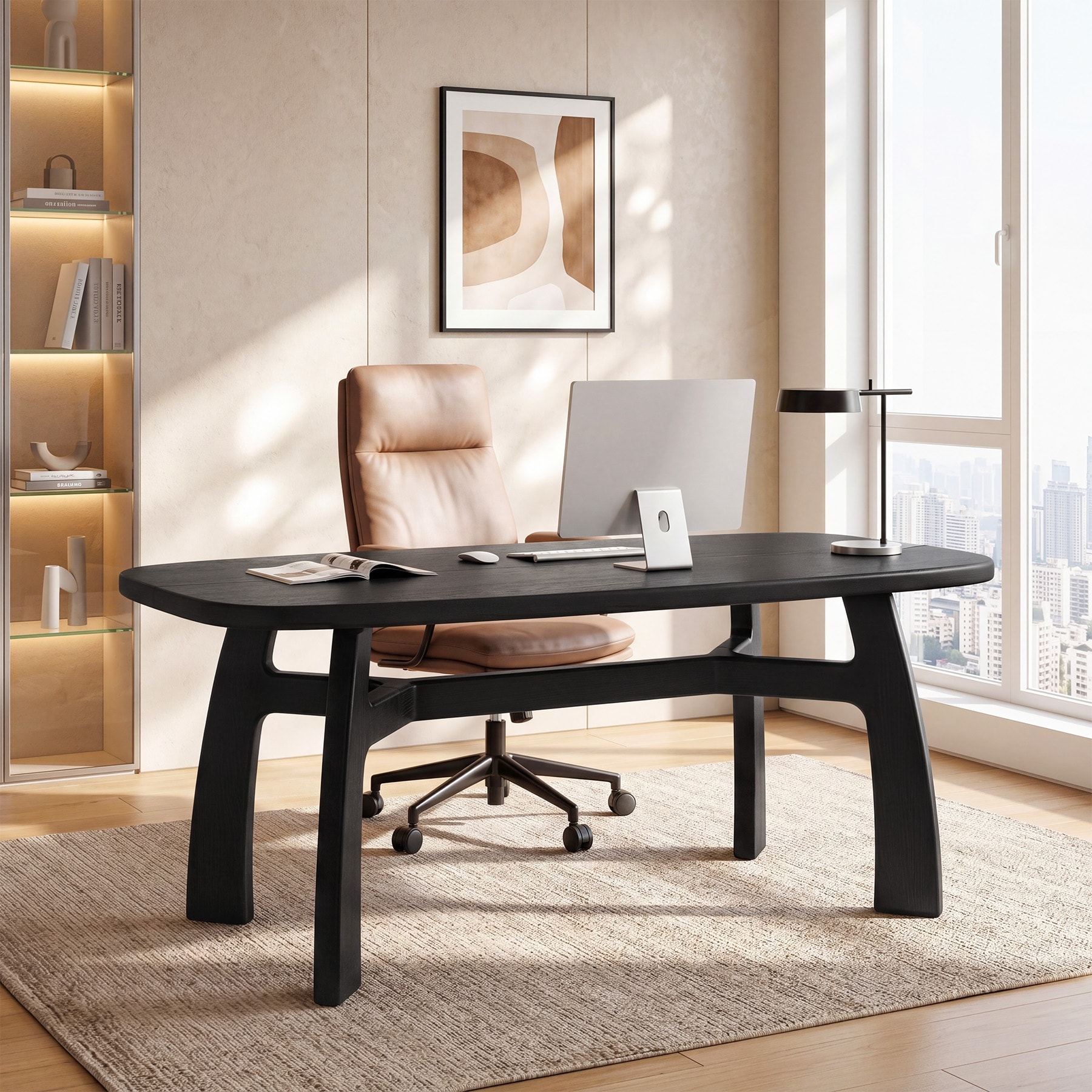 63-Inch Computer Desk, Solid Wood Office Desk with Boat-Shaped Top