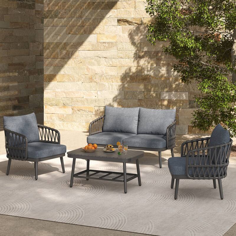 Roomfitters 4-Piece Outdoor Patio Conversation Set with Woven Rope Backrest, Cushions and Metal Frame Chairs