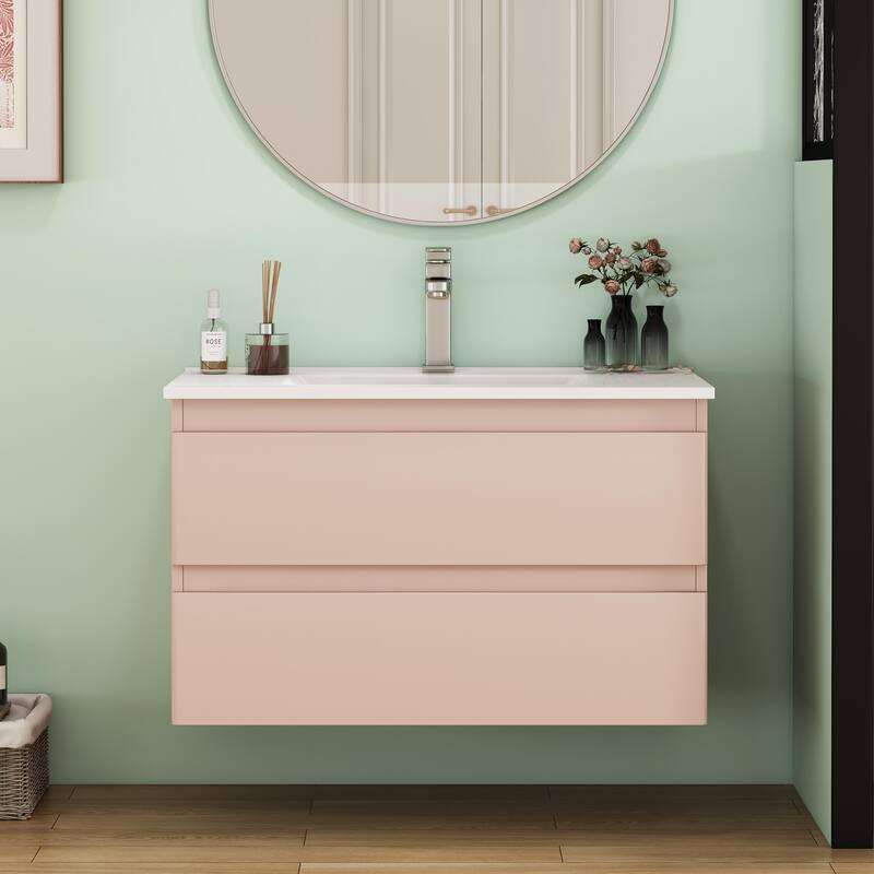 32 Inch Floating Bathroom Vanity with One-piece Ceramic Sink, Wall Mounted Cabinet with 2 Drawers - Pink - 32 Inch