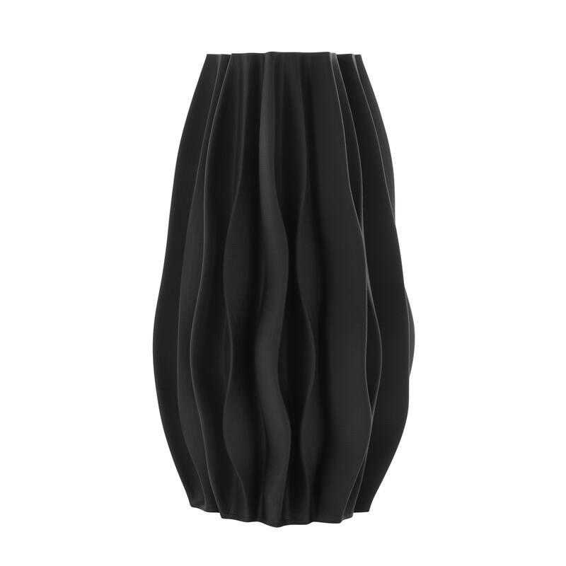 Ceramic Abstract Dimensional Wavy Ribbed Decorative Vase with Floral Shaped Rim - Black - Roche River Decor