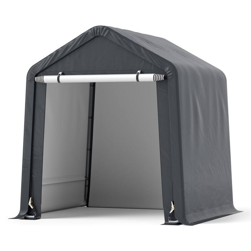 Grey Galvanized Metal Outdoor Storage Shed with PE Cover and Roll-Up Door - 78” W x 72” D x 84” H - Grey