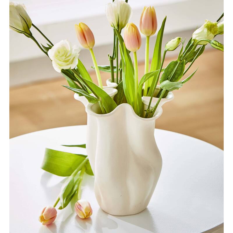Organic Swirl Edge Ivory Ceramic Decorative Vase 7.75 in H for Everyday Use Wipe Clean with Damp Cloth