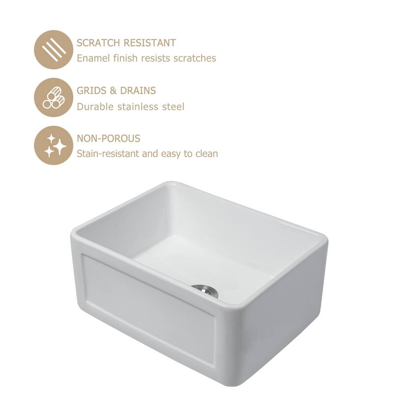 Kichae 24 Inch Ceramic Sink Undermount Farmhouse White Bar or Kitchen Sink - 24 in.W x 18 in.D x 10 in.H