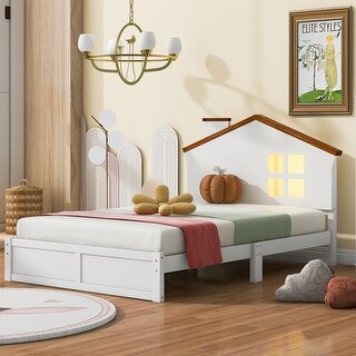Twin Bed Frame Headboard with LED Window, Chimney - White