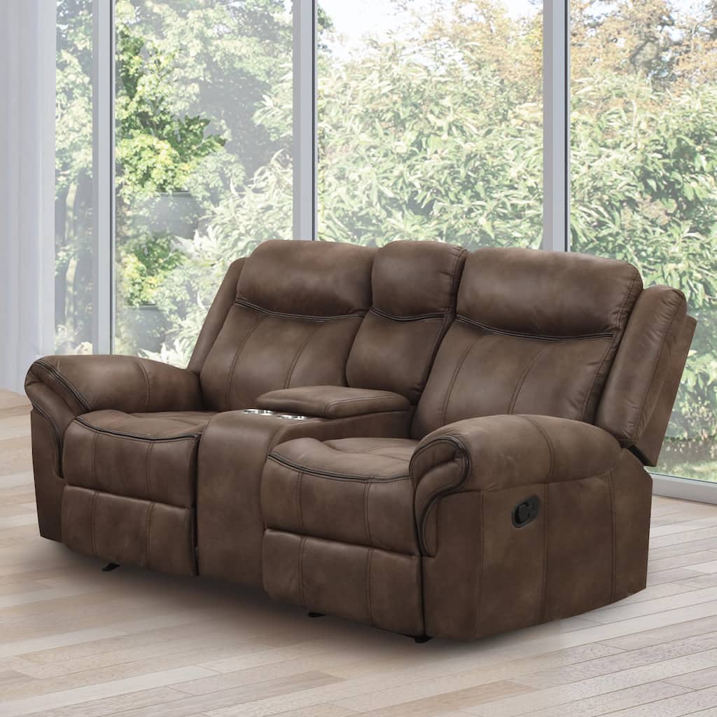 Verne Modern Brown Leather Manual Glider Reclining Loveseat with Center Storage Console