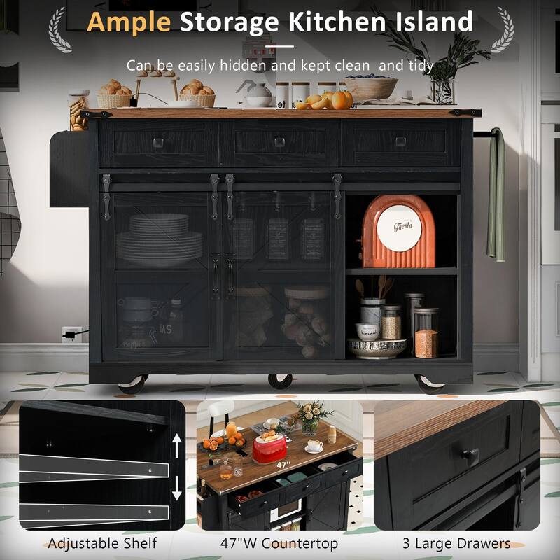 53.7" Farmhouse Kitchen Island with Power Outlet, 2 Sliding Barn Door, Drop Leaf & Spice Rack