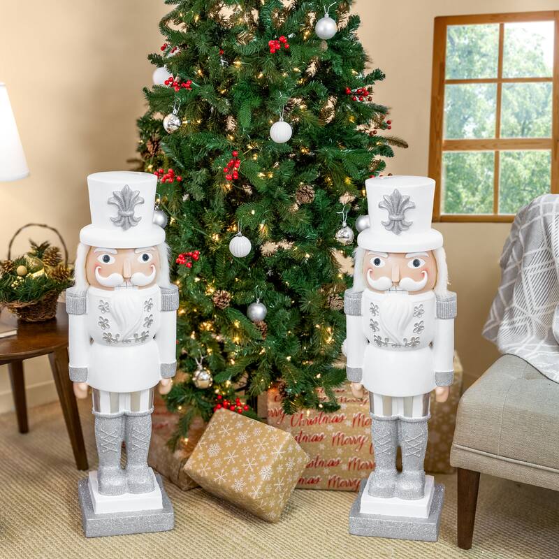 Sunnydaze Sterling the Silver Christmas Nutcracker Statue - 37" H - Set of 2