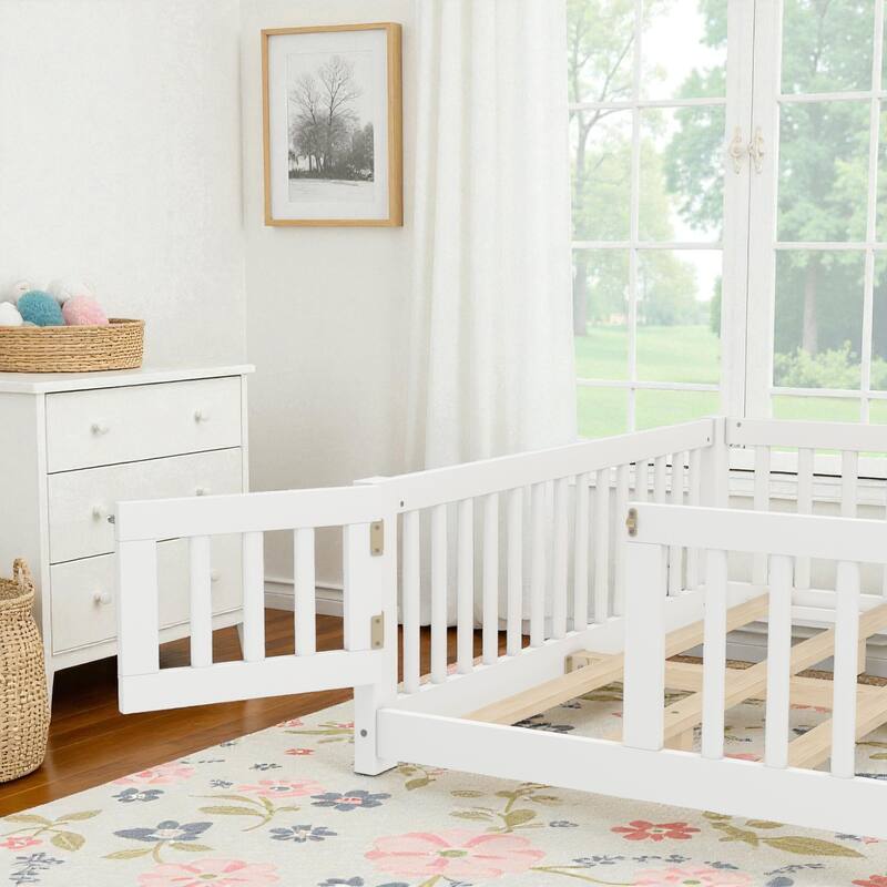 Twin/Full/Queen Size Wood Floor Bed with Door and Guardrails for Kids, Montessori Bed with Removable Slats