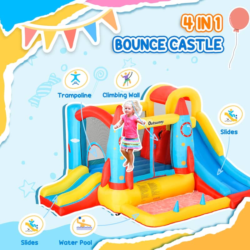 Outsunny Kids Inflatable Water Slide, 4-in-1 Bounce House Jumping Castle with 2 Slides, Climbing Wall, Water Pool Area