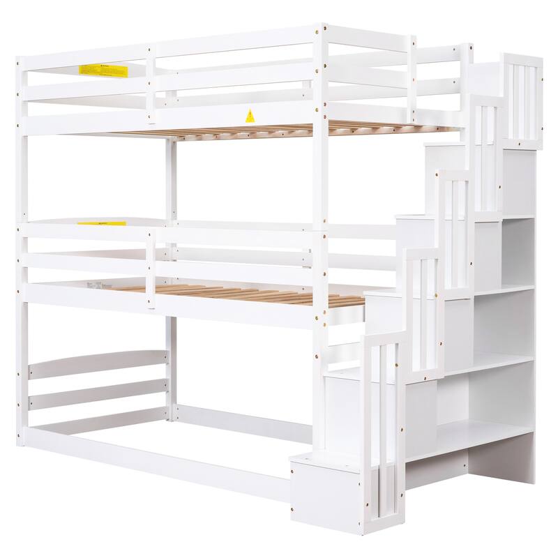Triple Bunk Bed with Storage Stairs, Twin Size, White, Separate Design